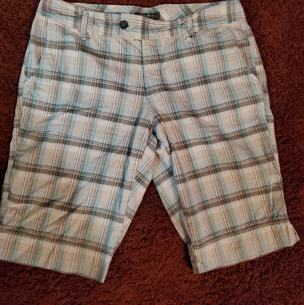 5/$10 Shorts 3/4 length teal and brown plaid